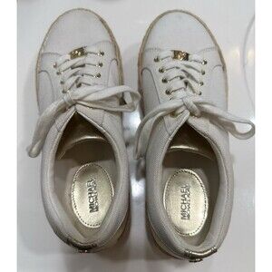 Michael Kors Canvas Espadrille Platform Sneakers Gold Ivory Lace Up 8.5M